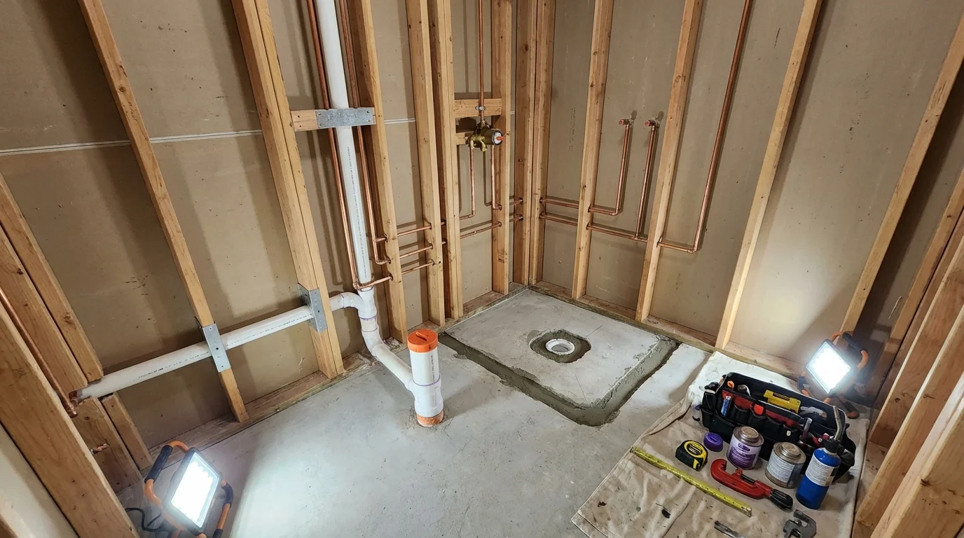Bathroom rough-in plumbing during remodel by Johns Plumbing LLC in Deville
