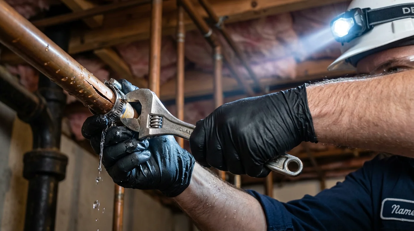 Emergency pipe clamp repair being performed by a Johns Plumbing LLC plumber in Deville