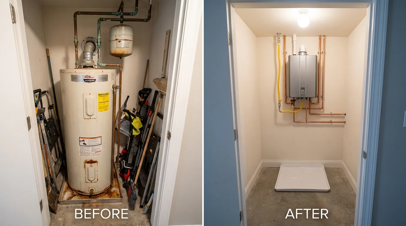 Tank water heater versus wall-mounted tankless unit comparison for Deville, LA homeowners