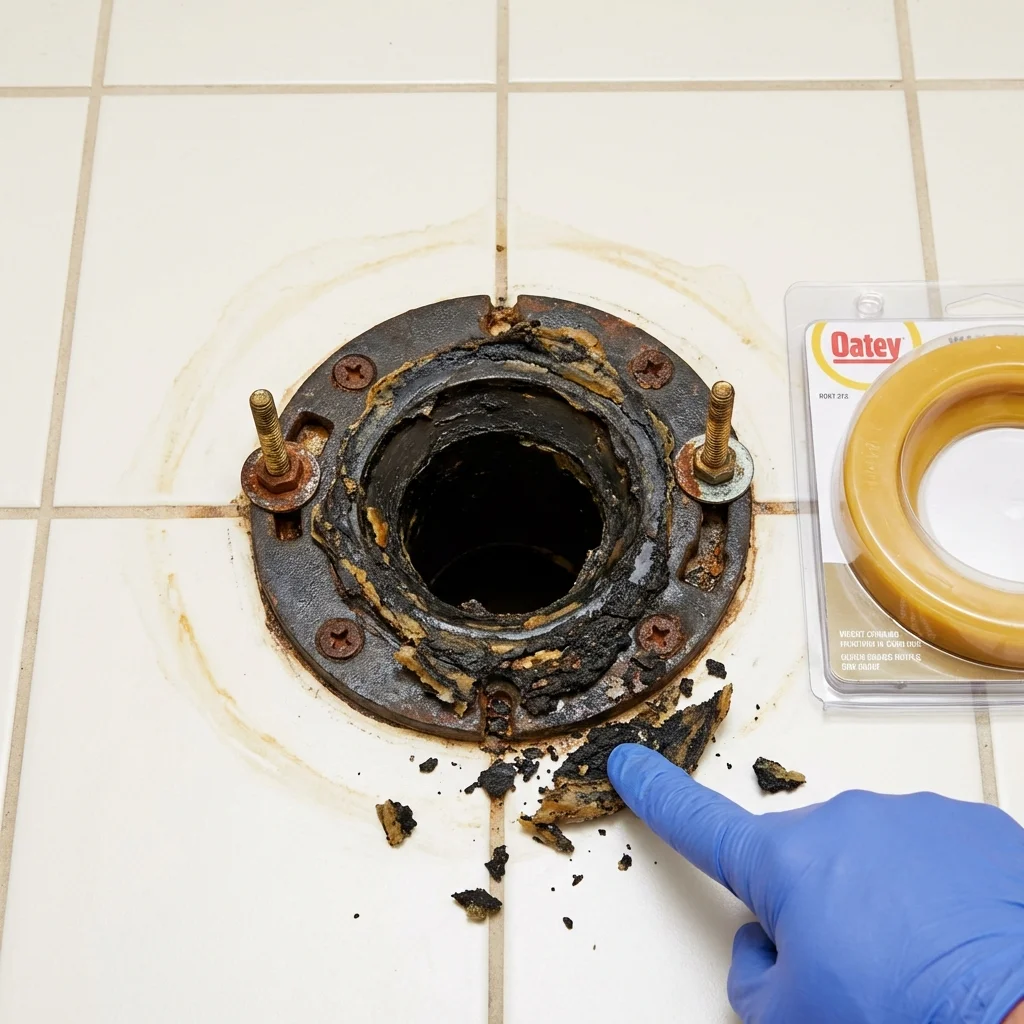 Failed wax ring showing water seepage at the base of a toilet in a Deville, LA home