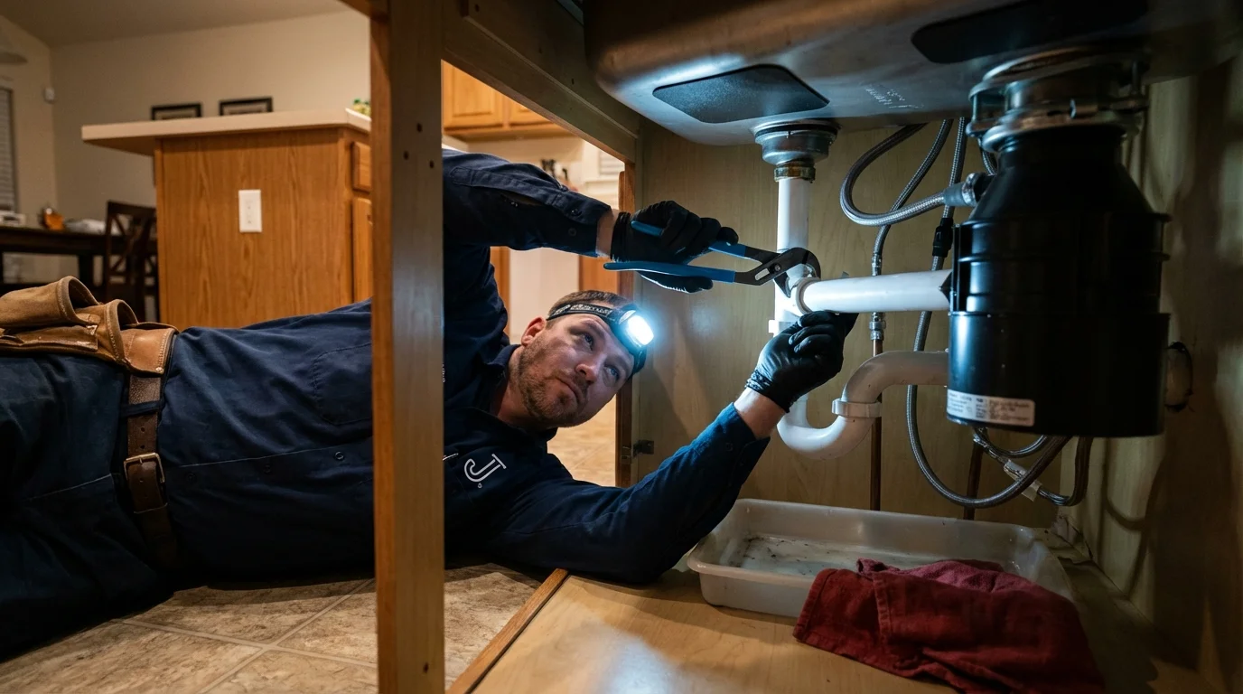P-trap and supply line connections under a kitchen sink showing a common leak point in Deville, LA